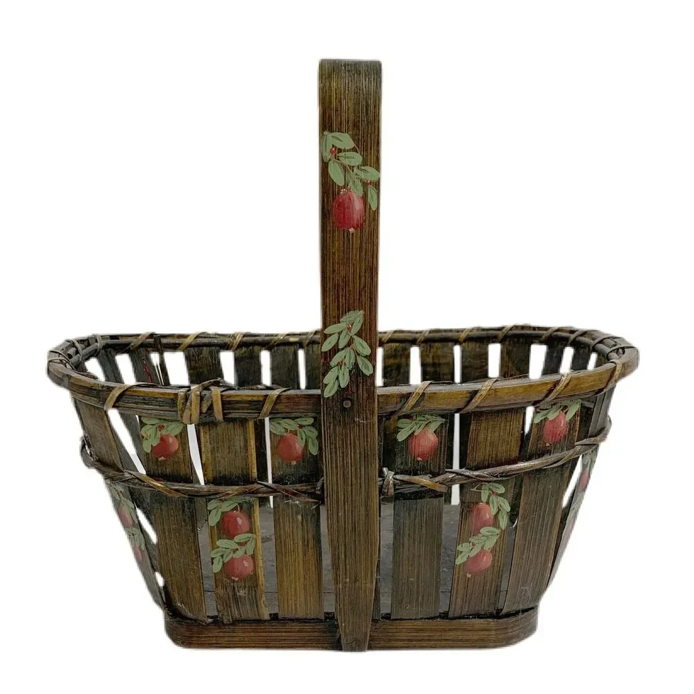 Vintage Farmhouse Reed Basket 1990s Hand Painted Apples Artist Signed Country